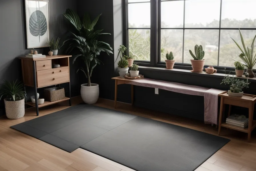 Mat de yoga en casa sobre piso de parqué junto a una mesa de centro, ejemplo de organización del espacio