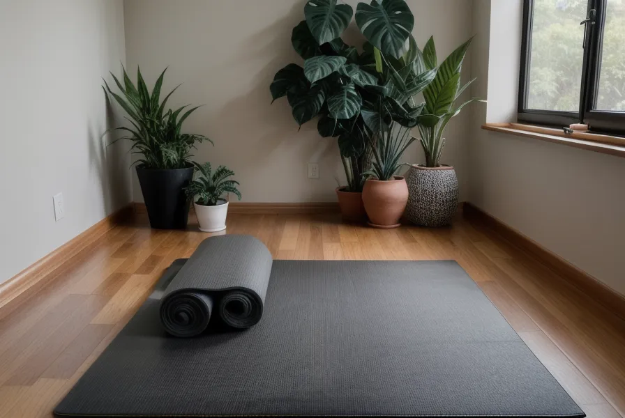 Living pequeño de noche con el mat listo, organización del espacio para practicar yoga en casa