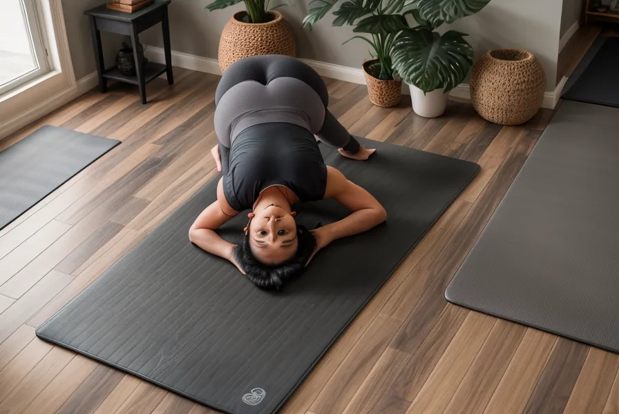 Escritorio de traducción freelance a nivel del suelo, con neblina de invierno limeño en la ventana junto al mat de yoga en casa