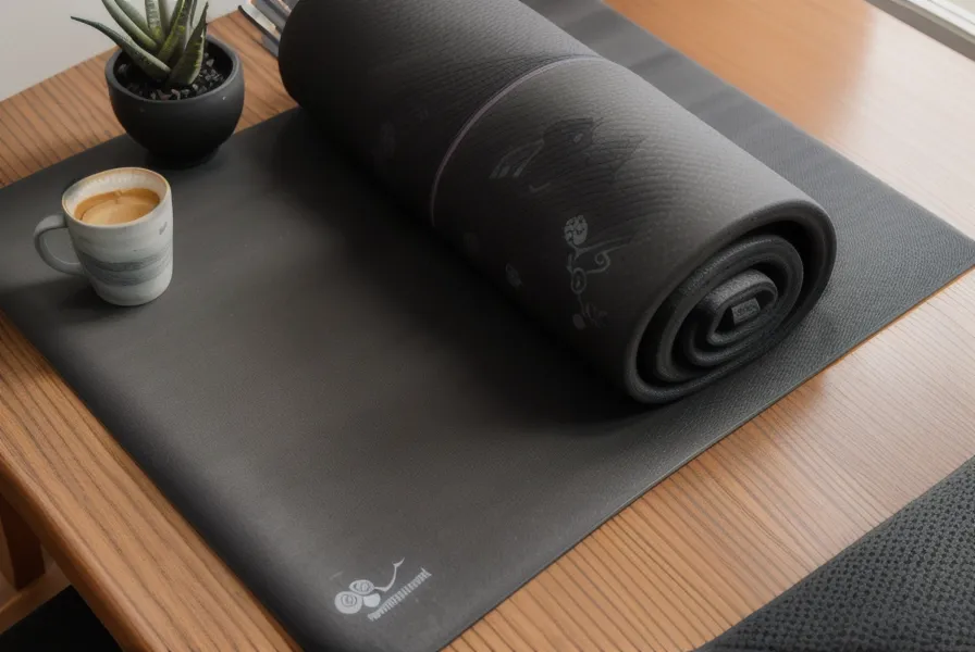 Esterilla de yoga gruesa color carbón siendo reacomodada sobre un piso de madera durante la corrección postural