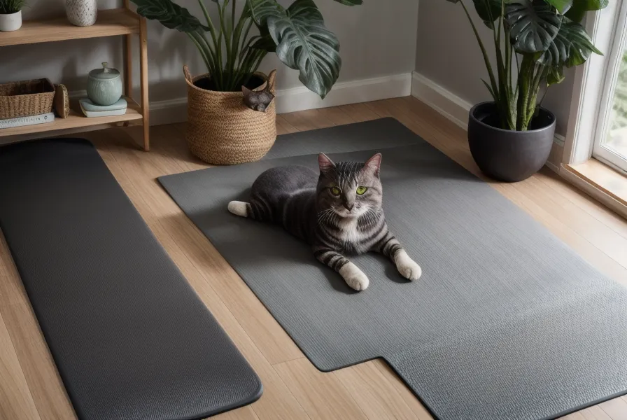 Gata sentada sobre un bloque de yoga en un departamento de Lima durante la práctica autodidacta de invierno