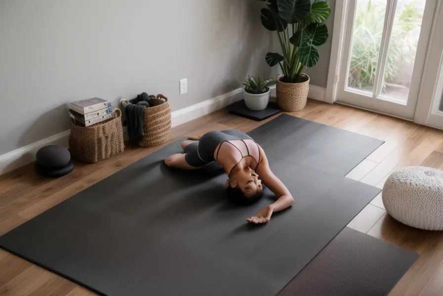 Mat de yoga extendido junto al escritorio, punto de partida para secuenciar una clase de yoga en la práctica personal diaria