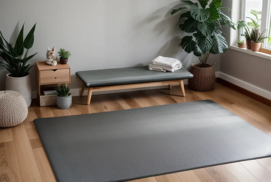 Escritorio de traducción con diccionarios apilados junto a un mat de yoga extendido en el suelo