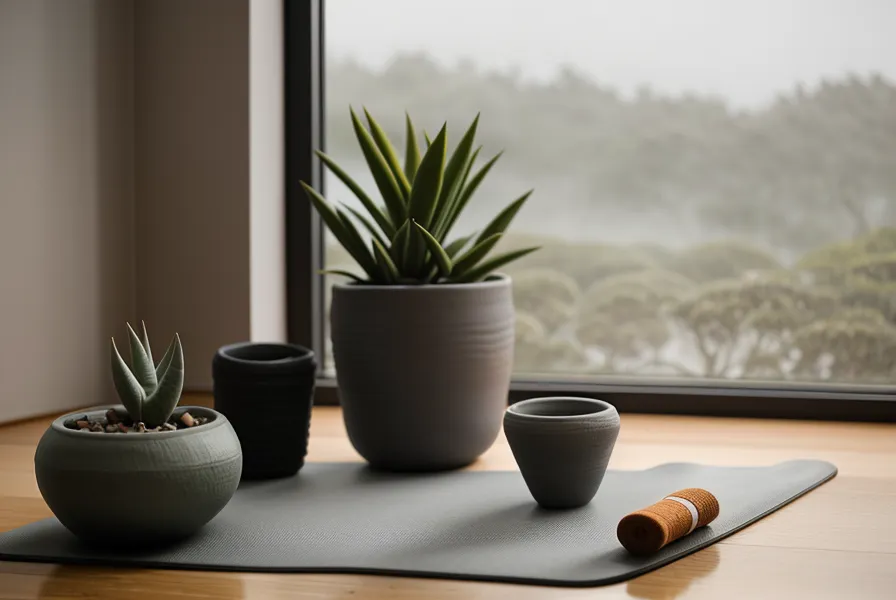 Vista desde una esterilla de yoga hacia una ventana con cielo gris, símbolo de la rutina matinal antes de traducir