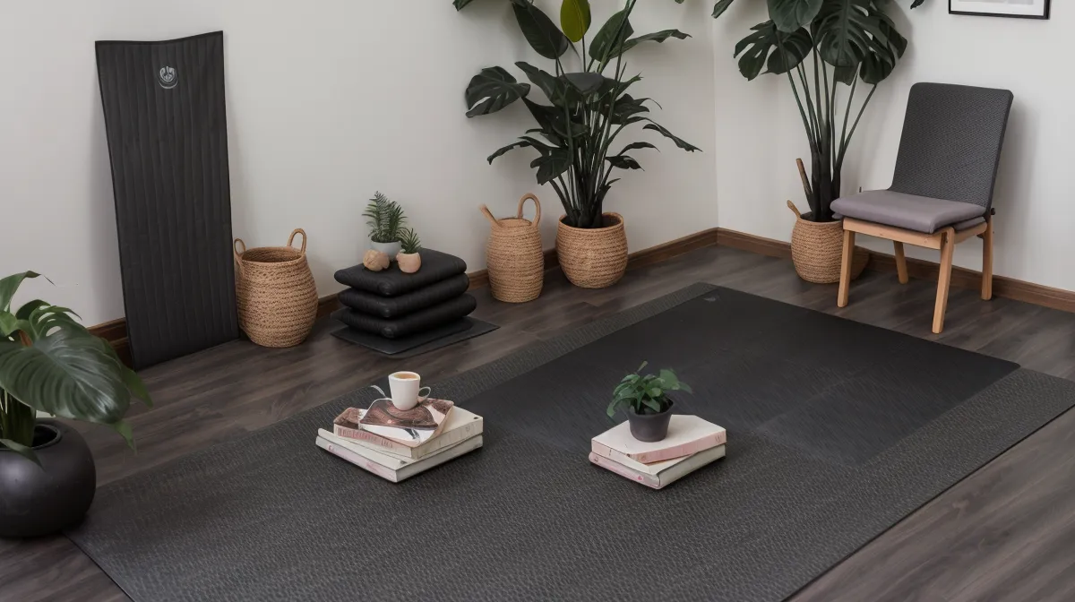 Rincón de yoga en casa en Miraflores, Lima, con mat junto a un escritorio de traducción como ejemplo de espacio de estudio tranquilo