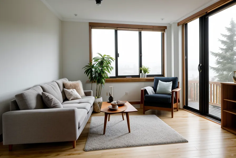Vista de una sala que combina oficina freelance y espacio de práctica de yoga en casa en Lima