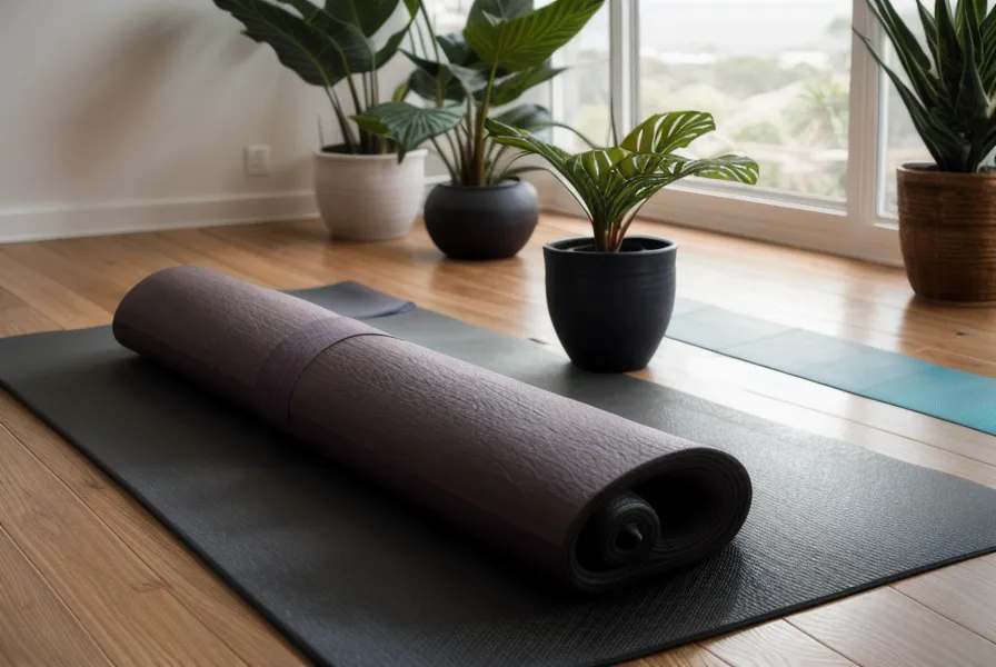 Bloques de yoga de corcho y una correa junto a una ventana iluminada, material básico para seguir un instructorado de yoga online desde casa.