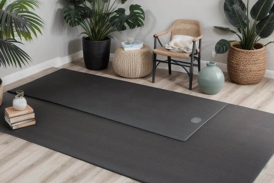 Gata sobre el mat de yoga en la oficina en casa durante una pausa de la formación de instructora