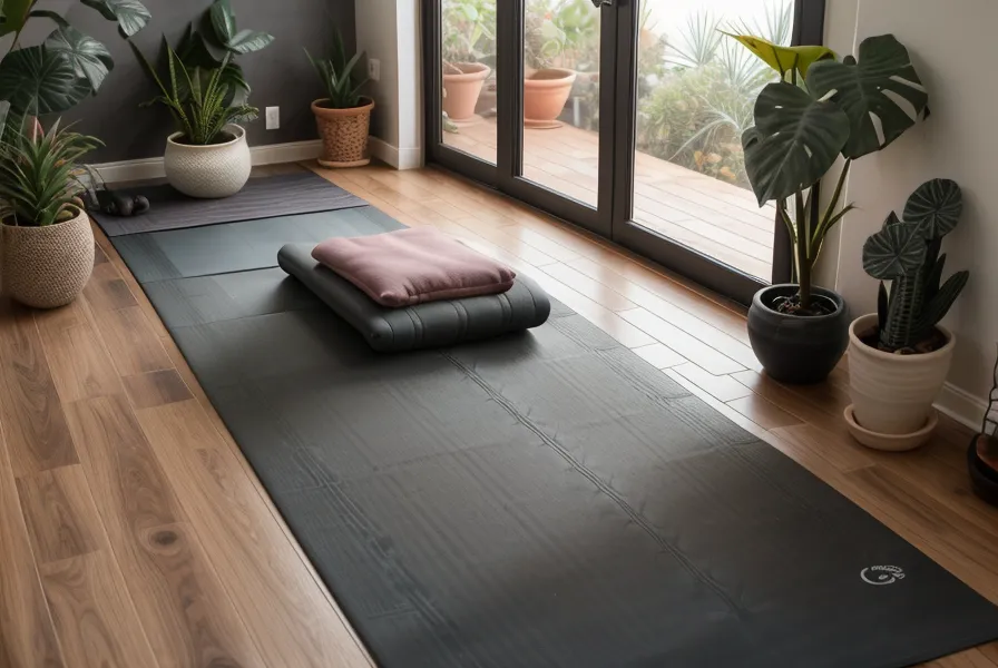 Esterilla y bloque de madera listos para la práctica de yoga en casa durante la formación online