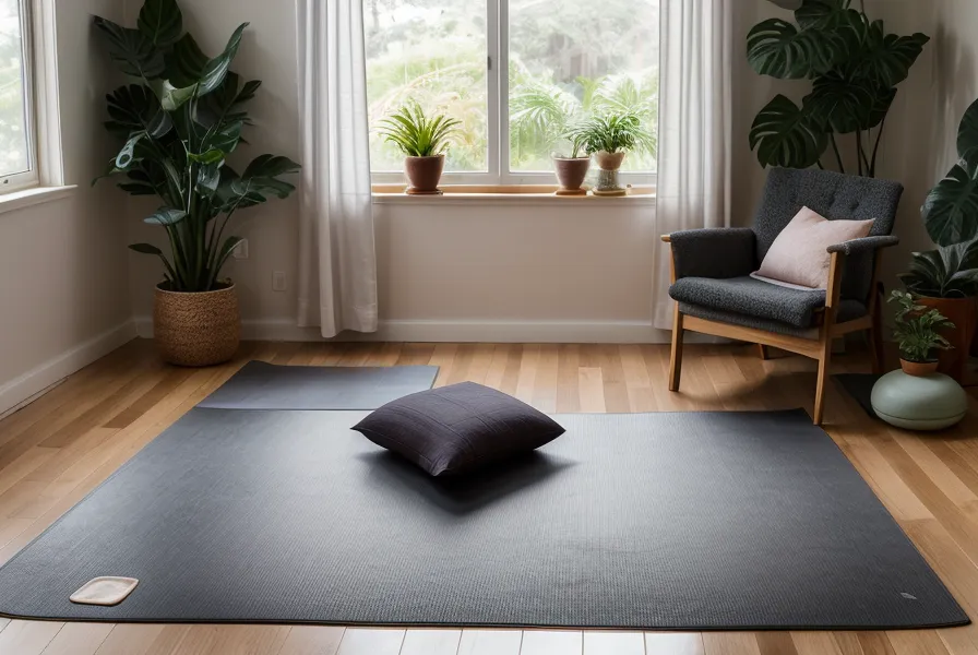 Bloques de yoga y elementos de juego sobre el piso de parquet de un espacio de práctica en casa
