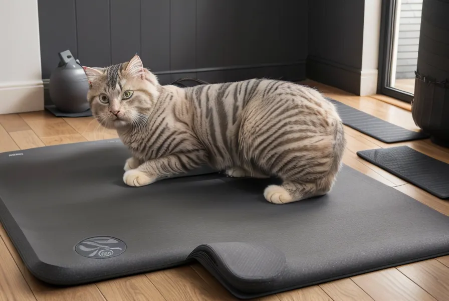 Gato instalado sobre un mat de yoga junto a una ventana, luz suave de invierno limeño