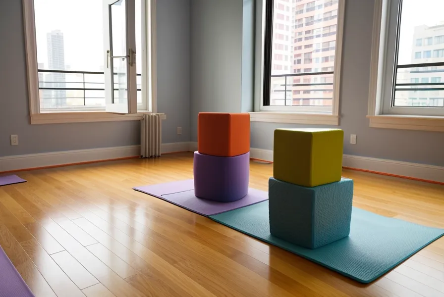Yoga blocks and a toy on a mat for a kids yoga session.