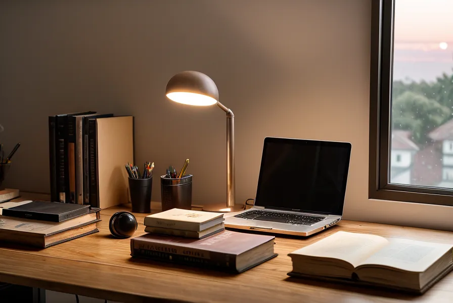 Translator workspace at night with a lamp and yoga books.