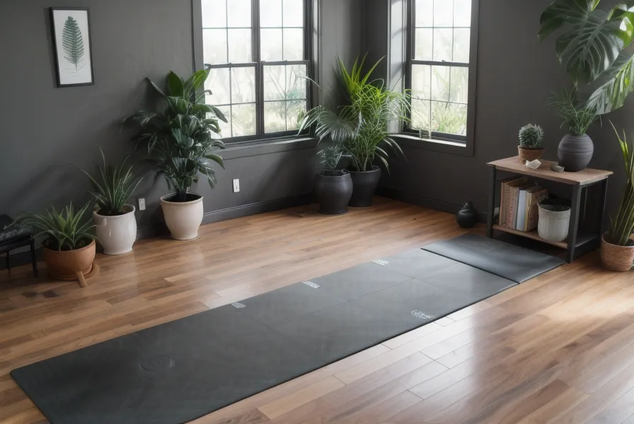 Esterilla de yoga junto al escritorio de traducción freelance, parte de la práctica diaria en casa