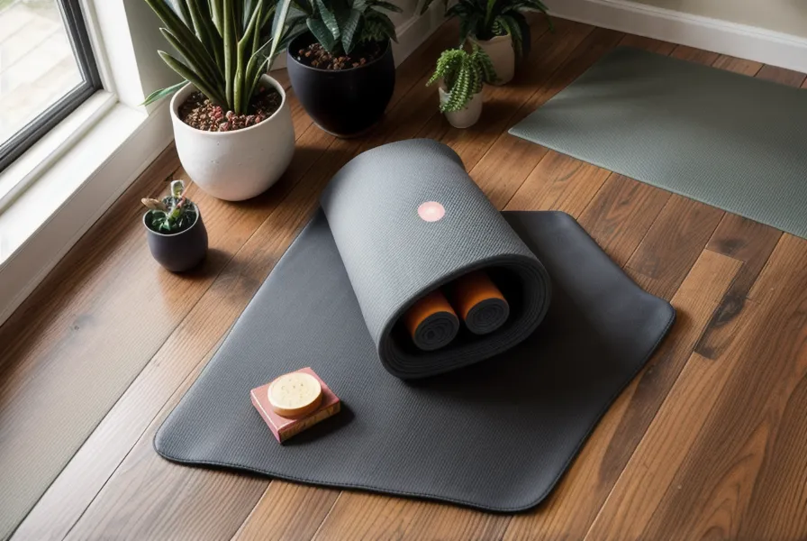 Textura de un mat de yoga de seis milímetros junto a un bloque de corcho, material esencial para practicar yoga en casa durante un instructorado.