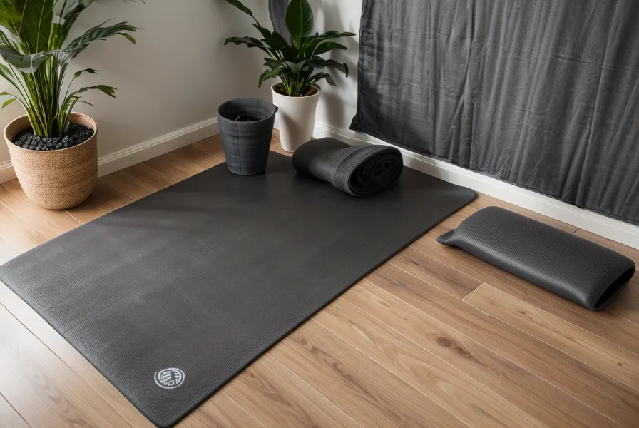 Mat extendido en la sala antes de empezar la secuencia de un curso de yoga en casa