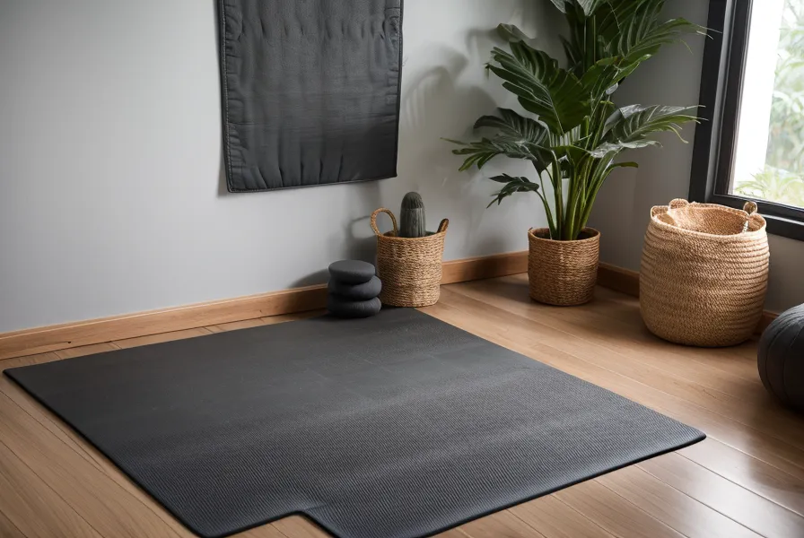 Mat grueso sobre el piso junto a diccionarios de traducción, parte de una rutina de yoga en casa