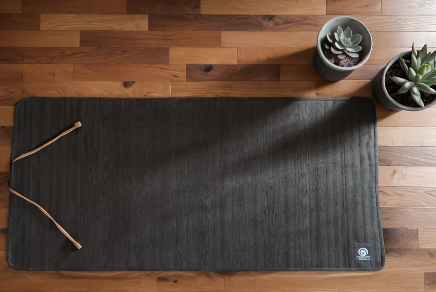 Mudras de yoga: primer plano de manos realizando Chin Mudra sobre un mat gris, práctica de yoga en casa.