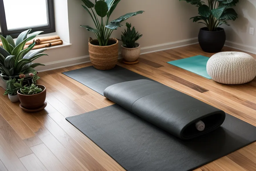 Trípode listo para grabar una secuencia del instructorado de yoga en casa, parte del bienestar freelance diario
