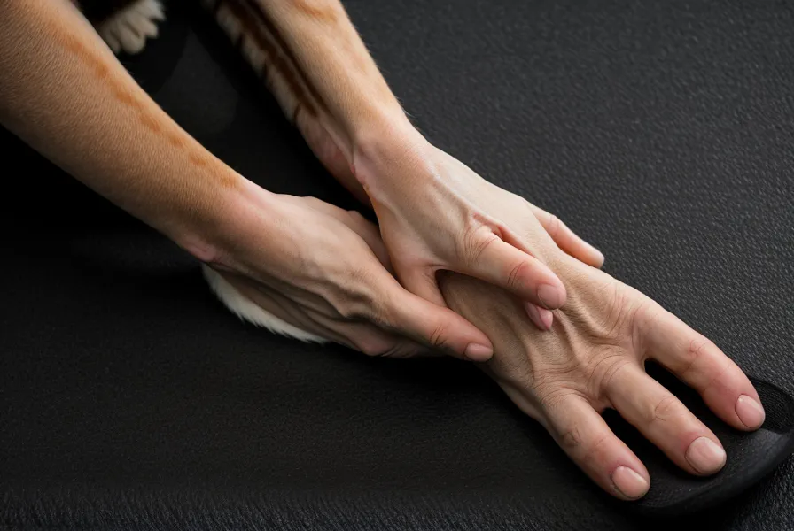 Patas de gato descansando sobre el borde de un mat de yoga negro, la interrupción habitual de cualquier Savasana en casa