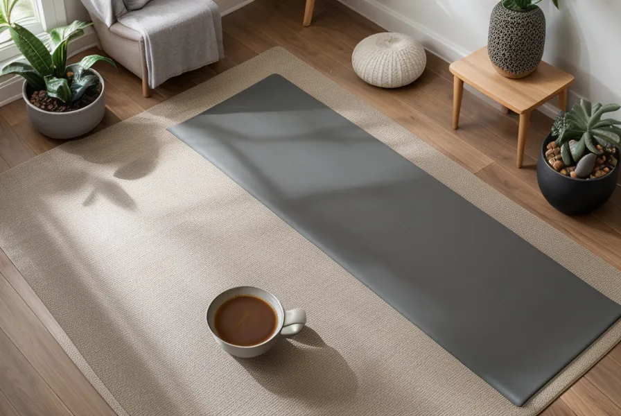 Textura del mat de yoga en un rincón de práctica tranquilo, parte de la rutina de yoga en casa para abrir caderas