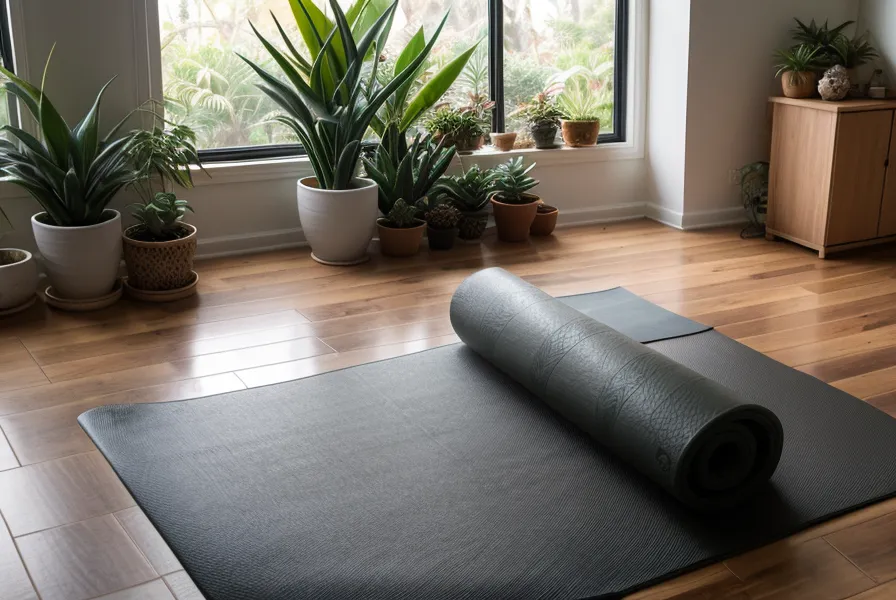 Rincón de escritorio y yoga con luz cálida de atardecer, equilibrio entre bienestar freelance y práctica diaria