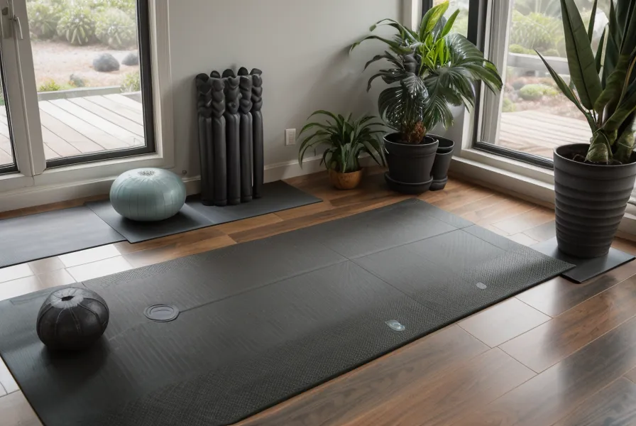 Cuaderno de anatomía aplicada y gafas sobre una esterilla de yoga, apuntes de bienestar freelance para traductores