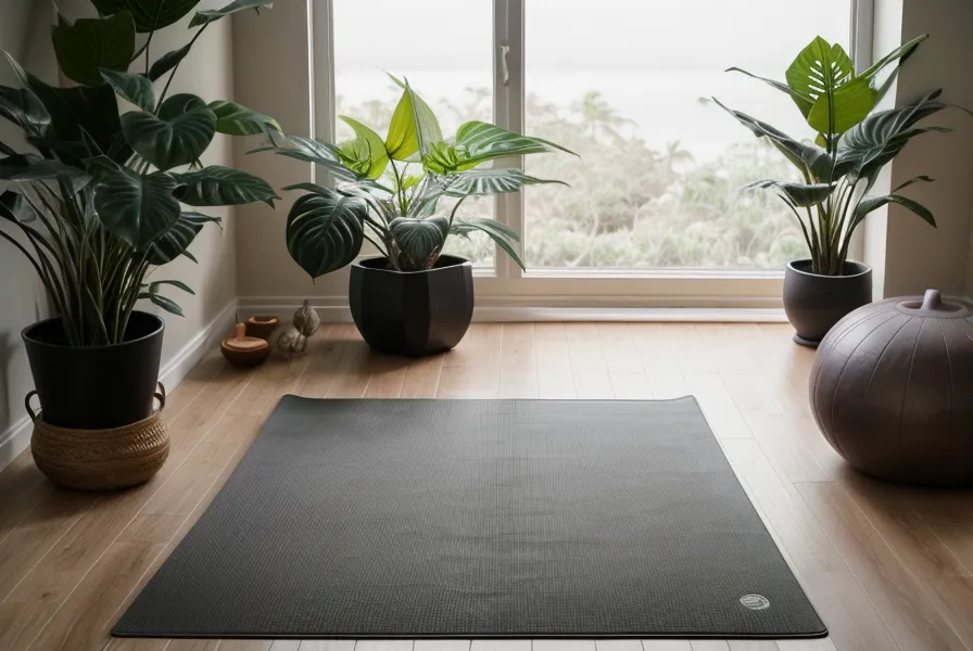 Pies descalzos sobre el mat durante una sesión de yoga online, luz tenue de invierno en Lima.