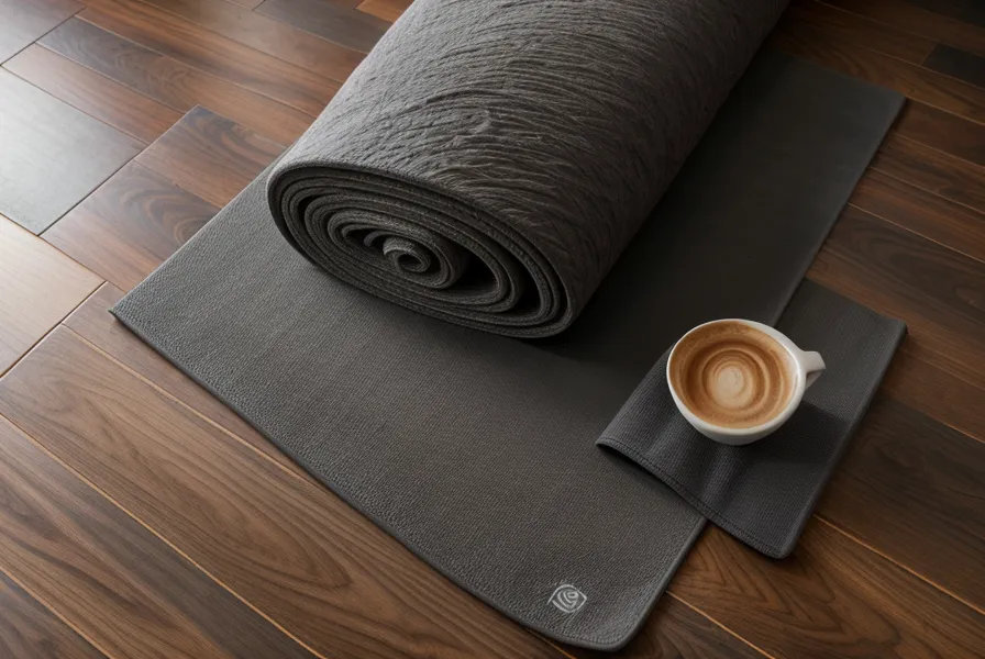 Textura de un mat de yoga desgastado junto a un cuaderno de traducción, síntesis del bienestar freelance y el síndrome del impostor superado con práctica.