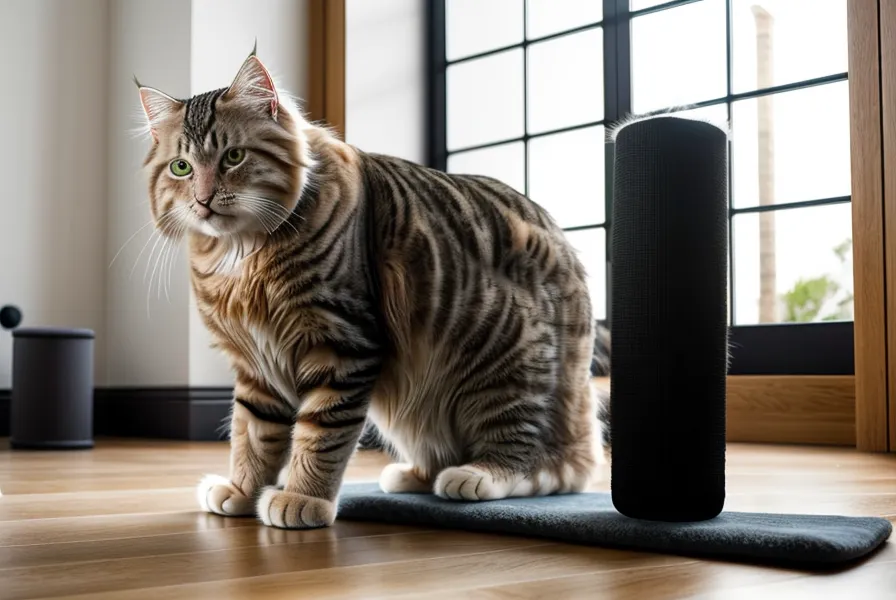 Gato sentado junto a un bloque de yoga en el piso de madera, parte de una rutina de yoga en casa entre pausas de trabajo freelance.