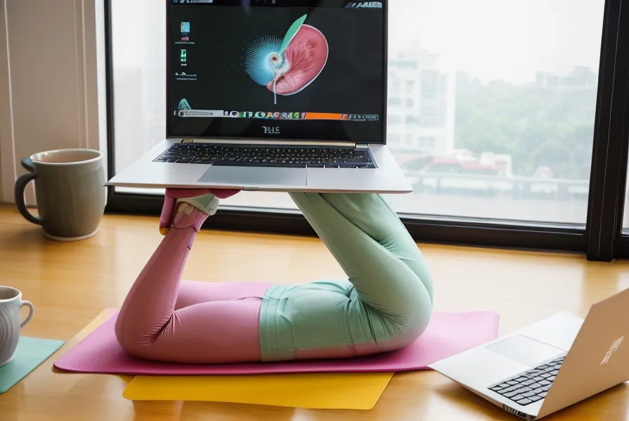 Laptop con diagramas de anatomía de yoga sobre el escritorio de una traductora, mostrando la activación de Uddiyana Bandha