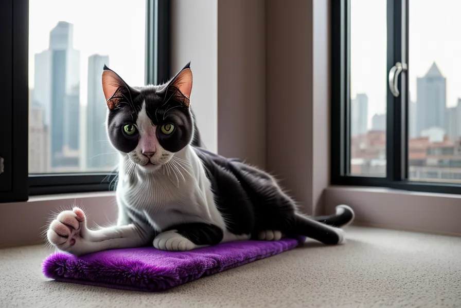 Gato descansando sobre un bloque de yoga en un departamento de Lima, junto a la esterilla usada para practicar los bandhas