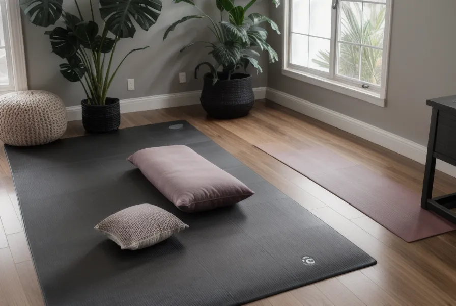 Textura de un mat de yoga bajo luz de tarde junto a páginas de un curso de formación online