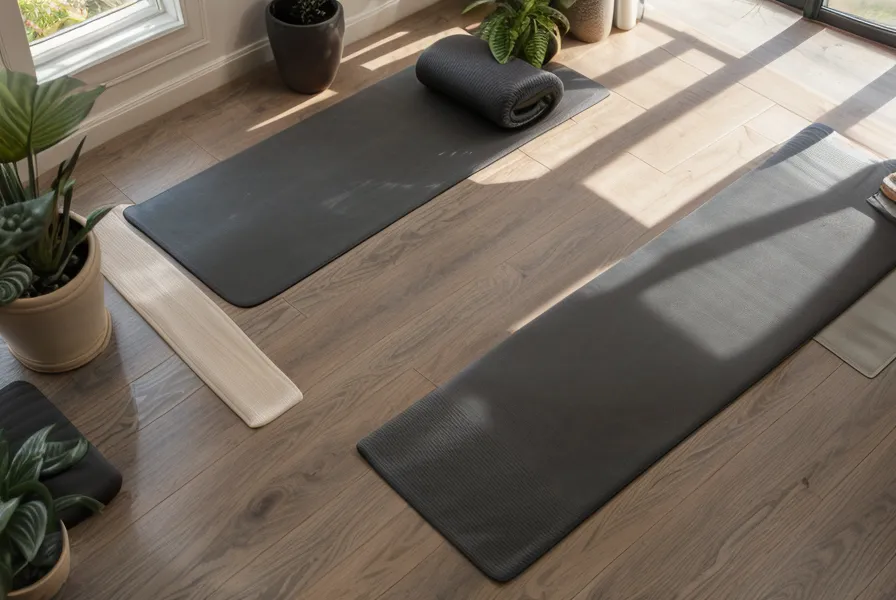 Close-up of a yoga mat next to translation dictionaries in a home office.