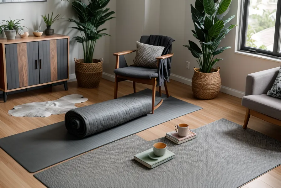 Hand adjusting a yoga block on a mat near a small candle and succulent.