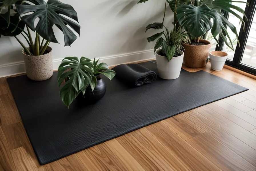 Vista baja de un mat de yoga junto a un escritorio con la pantalla de trabajo encendida, ilustrando la ergonomía del teletrabajo